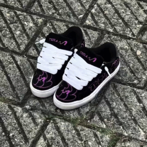 👟🖤 Tesla Neon Scribble Sneakers – Black Streetwear Shoes with Glow Vibe 💜⚡