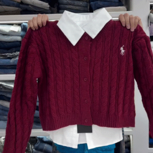 🤍✨ Cozy Cable Knit Layered Sweater – Preppy Shirt Collar Cardigan Style 🩶🎀