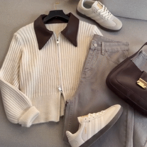 🤎✨ Mocha Collar Zip Knit Sweater – Premium Ribbed Winter Top for Effortless Chic ❄️🧶