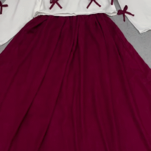 🎀❤️ Bow Bliss Co-Ord Set – White Ribbon Top + Maroon Flowy Skirt ✨👗