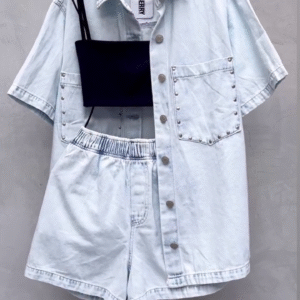 💙✨ Ice Blue Denim Co-Ord Set – Oversized Shirt + Shorts (3-Piece Look) 👖🩵